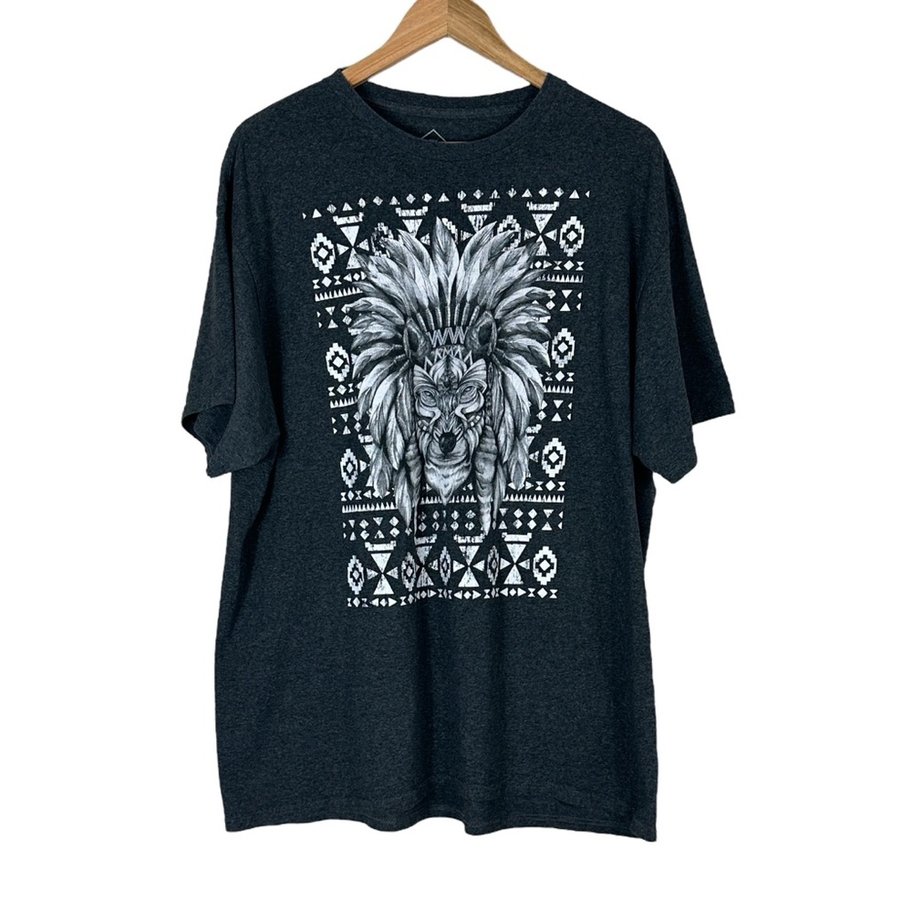 Well Worn Graphic T-Shirt Mens XL Gray Tribal Lion Native Print Boho Western